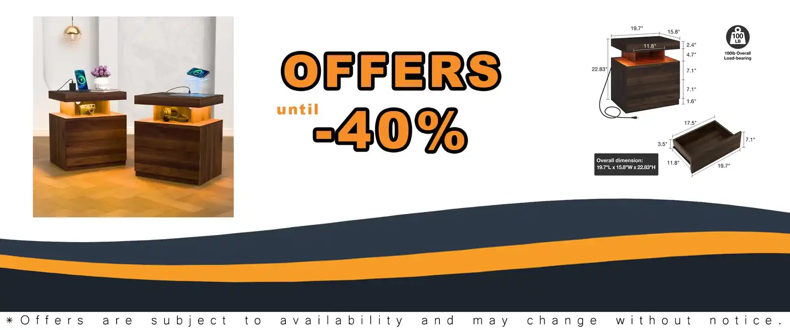 2 LED nightstand with wireless charging and drawers for bedroom