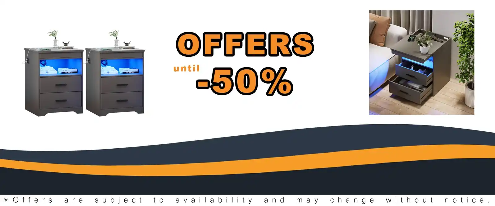 2-piece grey night stand set with USB ports and LED light