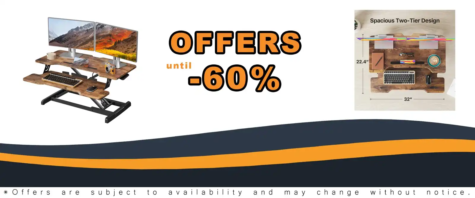 32 inch height adjustable sit stand desk riser, rustic brown